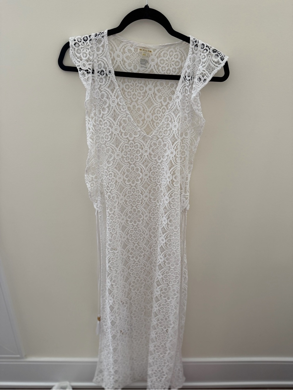 Pilyq White Lace V-Neck Overlay Dress with Black Trim
